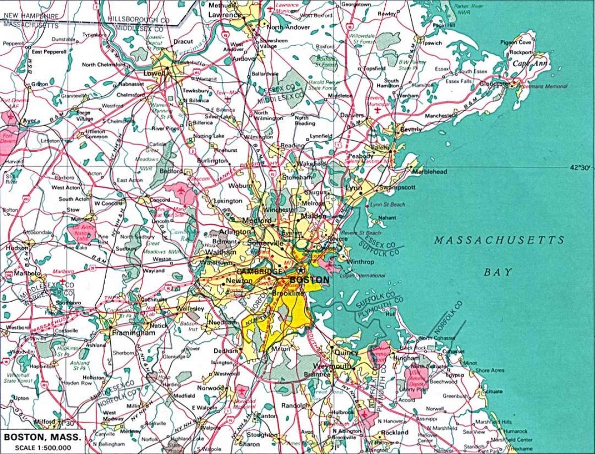 地图上的大波士顿区域